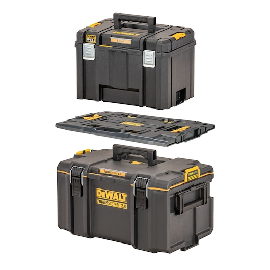 Three DEWALT black and yellow toolboxes are shown. The top is a rectangular toolbox with metal latches, the middle is a flat toolbox organizer, and the bottom is a larger box labeled 'ToughSystem 2.0,' all with handles for carrying.