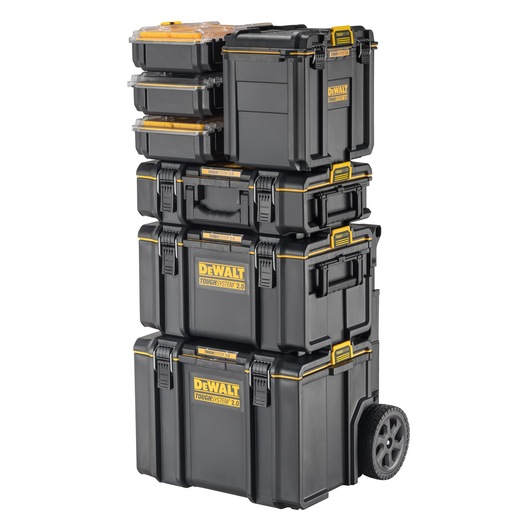A stacked set of DEWALT ToughSystem 2.0 storage boxes, including a wheeled base unit and several modular cases with yellow accents, designed for tool organization and transport.