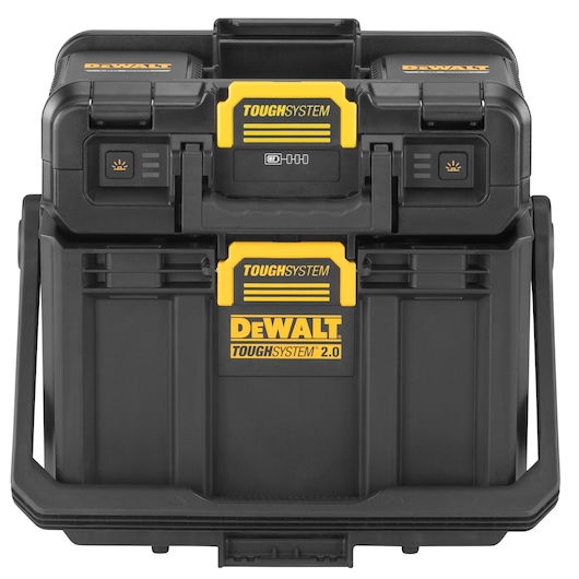 Front view of a DEWALT TOUGHSYSTEM 2.0 black and yellow portable toolbox with secure, reinforced latches and handle.
