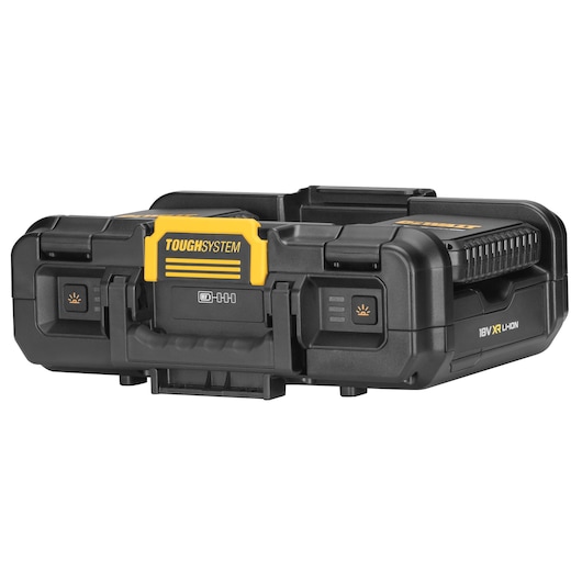 A DEWALT ToughSystem black and yellow portable tool storage box with a handle and secure latches, labeled for 18V XR Li-Ion compatibility.