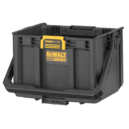 Black and yellow DEWALT ToughSystem 2.0 open tote tool box with a large front handle, designed for heavy-duty storage and organization.