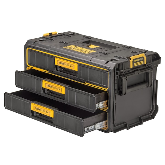 A DEWALT ToughSystem 2.0 tool storage box with three pull-out drawers, featuring a black and yellow design.