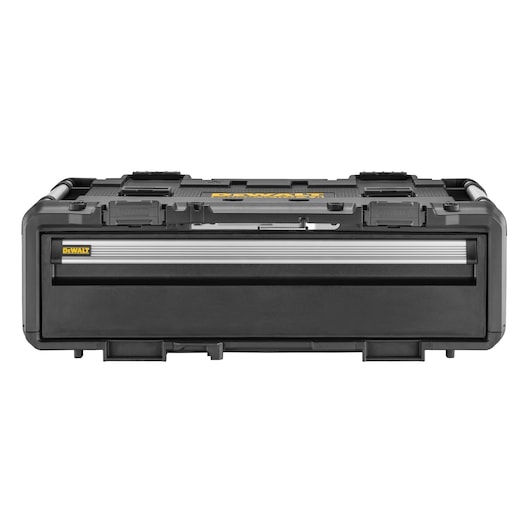 Front view of a DEWALT black and yellow tool storage box with a large drawer and sturdy plastic construction, model DWST08510-1.