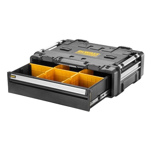 A black DEWALT tool storage box with an open sliding drawer containing yellow sectional compartments. The box features sturdy handles and a rugged design.