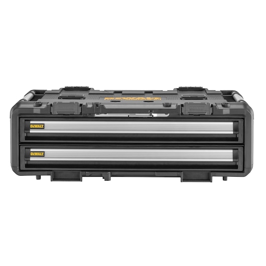 Front view of a DEWALT black and yellow tool storage box with two metal drawers.