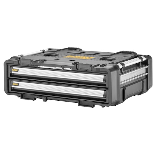 A DEWALT branded black and silver toolbox with two front drawers, designed for storage and organization of tools.