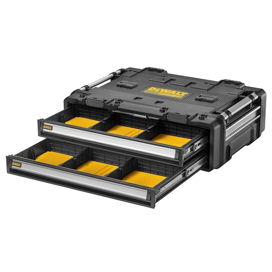 A DEWALT branded black and yellow portable storage organizer with two pull-out drawers, each containing multiple compartments for small items. The organizer is made from durable plastic and has sturdy handles on the sides.
