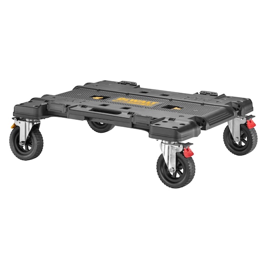 DEWALT rolling tool platform with four wheels, designed for transporting toolboxes and heavy items. The platform is black with yellow detailing and features sturdy construction and locking caster wheels.
