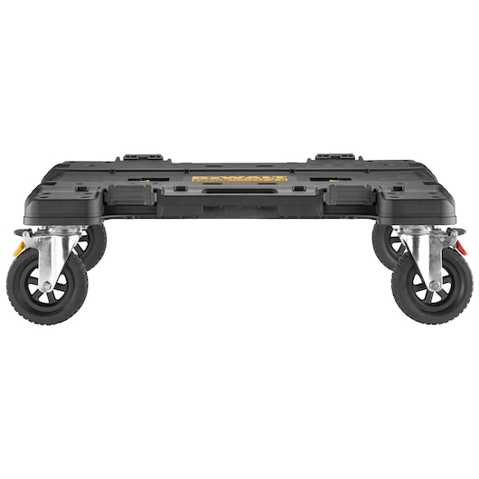 A black DEWALT rolling toolbox platform with four heavy-duty caster wheels, designed for transporting and stacking toolboxes or equipment. The platform features locks and handles for secure attachment.