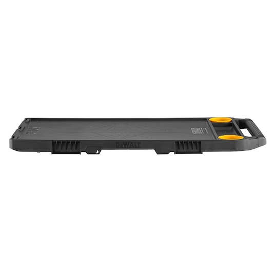 A black DEWALT flat tool tray with a handle and two yellow circular compartments, viewed from the side against a white background.