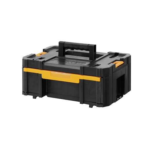 A black and yellow DEWALT plastic toolbox with a sturdy handle on top and secure latches on the front, designed for carrying and organizing tools.