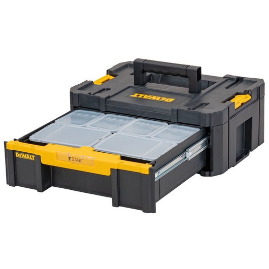 A DEWALT black and yellow tool storage box with a handle on top, featuring a pull-out drawer containing several transparent compartment boxes for organizing small items.