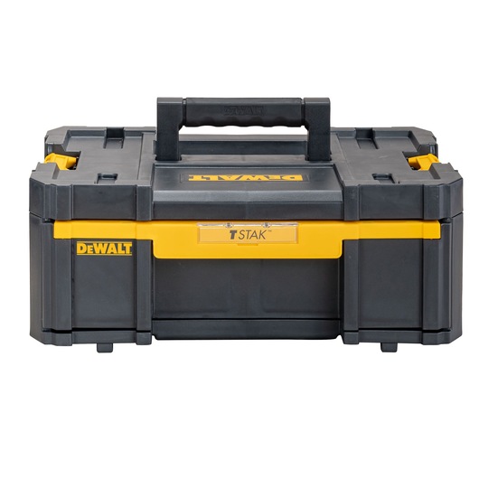 Front view of a DEWALT TSTAK black and yellow portable tool storage box with a sturdy handle on top and secure latches.