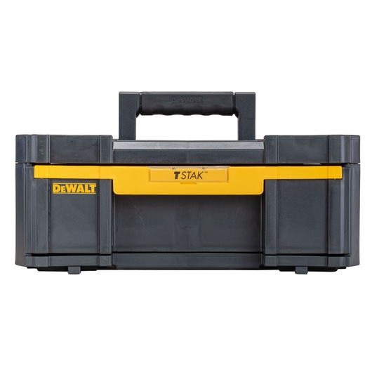 Front view of a DEWALT T STAK black and yellow toolbox with a sturdy central handle. The toolbox is rectangular and marked with the DEWALT logo and T STAK label.