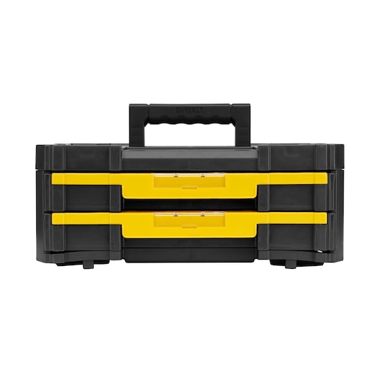 Front view of a DEWALT black and yellow hard plastic toolbox with two drawers and a carrying handle.
