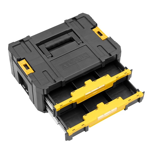 DEWALT black and yellow tough box with two pull-out drawers, designed for storing tools or accessories.