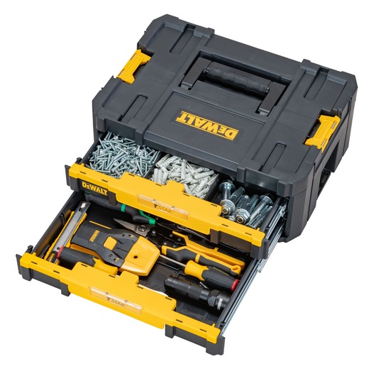 A DEWALT branded black and yellow toolbox with two drawers, one containing various hand tools such as pliers, screwdrivers, and a staple gun, and the other filled with assorted screws, wall plugs, and bolts.