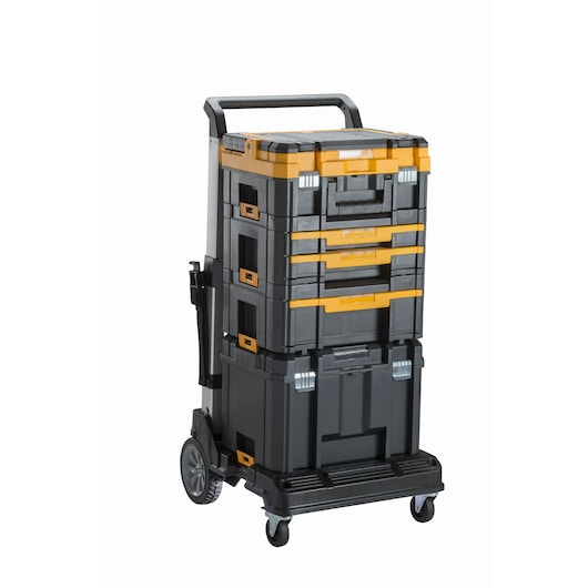 A stackable black and yellow DEWALT tool storage trolley with multiple compartments and drawers, mounted on wheels and equipped with a handle for easy transport.
