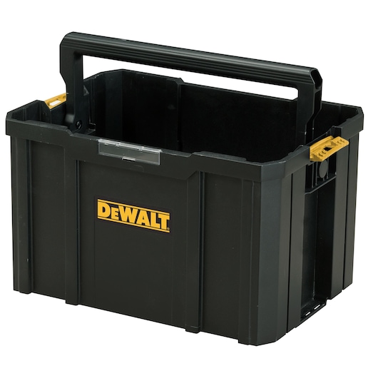 A black DEWALT branded toolbox with a sturdy handle and open-top design, suitable for carrying tools and accessories.