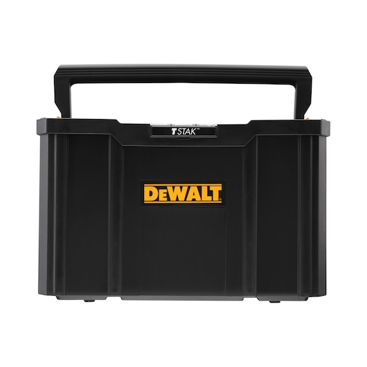 Front view of a DEWALT TSTAK black tool storage box with a handle and the DEWALT logo in yellow on the front.
