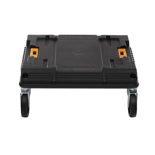 Front view of a DEWALT black rolling base with four wheels and orange latches, designed for carrying and transporting toolboxes or equipment.