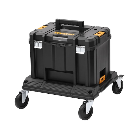 A black DEWALT toolbox with a handle, metal latches, and orange accents, placed on a wheeled platform for easy mobility.