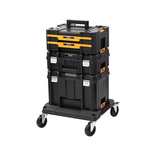A stackable black and yellow DEWALT tool storage system with multiple compartments, mounted on a wheeled trolley for easy transportation.