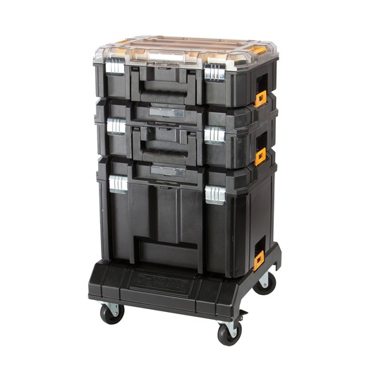 Stacked DEWALT black toolboxes with handles and wheels for portable storage and organization.