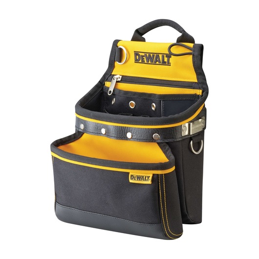 A DEWALT black and yellow tool pouch with multiple compartments, metal rivets, a zipper pocket, and a carrying handle. The pouch is designed for holding tools and accessories.
