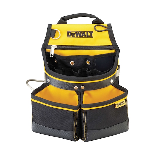A DEWALT branded tool pouch in yellow and black fabric, featuring multiple pockets, compartments, and a metal holder, designed for organizing and carrying tools.