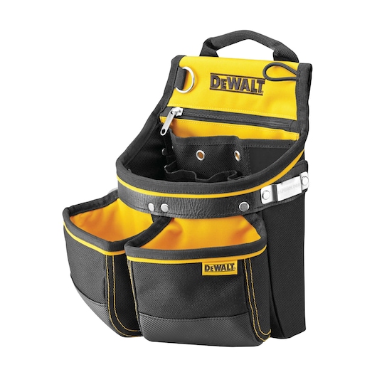 A DEWALT black and yellow tool pouch with multiple pockets and compartments, designed for carrying tools and accessories. The pouch features reinforced stitching, a zippered pocket, and metal rings for attachment.