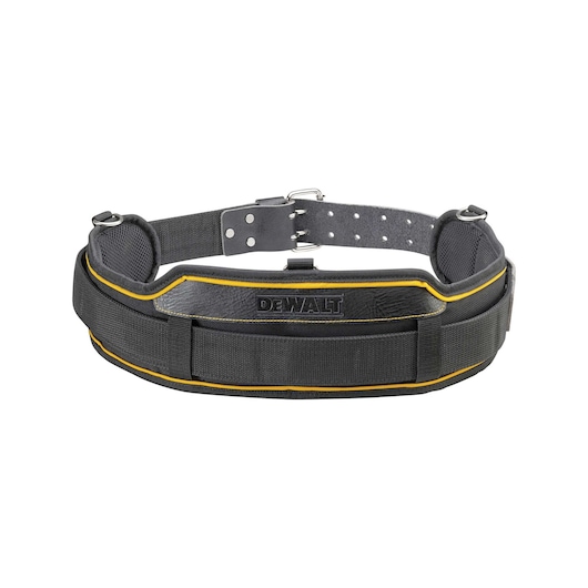 A DEWALT branded black padded work belt with yellow accents and metal buckle, designed for carrying tools and accessories.