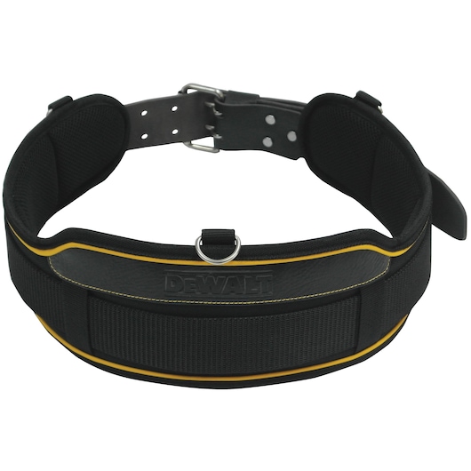 A black and yellow DEWALT padded tool belt with a metal buckle and reinforced stitching, designed for carrying tools.