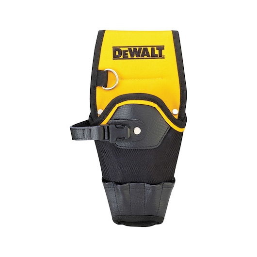 DEWALT branded yellow and black tool holster with a buckle strap and metal ring, designed for carrying tools.