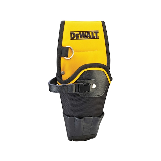 A DEWALT branded yellow and black tool holster made of fabric and leather with a belt loop and metal ring for attachment.