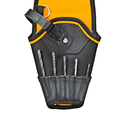 Close-up image of a DEWALT tool holder made from black and yellow fabric with multiple slots holding drill bits and a leather strap with a buckle, designed for organizing and carrying tools.