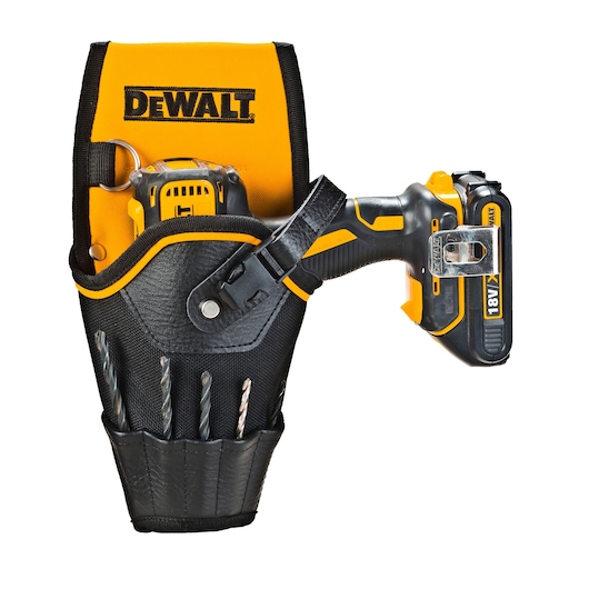 A DEWALT branded tool holster holding a cordless drill and several drill bits, designed for easy access and organization while working.