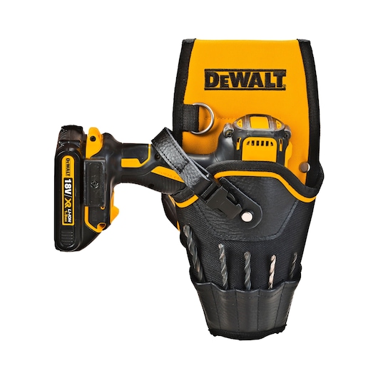 A DEWALT branded drill holster in yellow and black, holding a cordless drill and several drill bits.