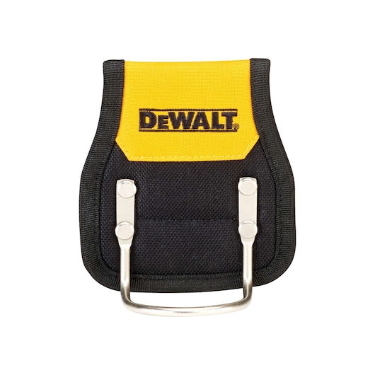 Front view of a DEWALT branded black and yellow drill holster with metal holder hardware, designed for attaching to a tool belt.