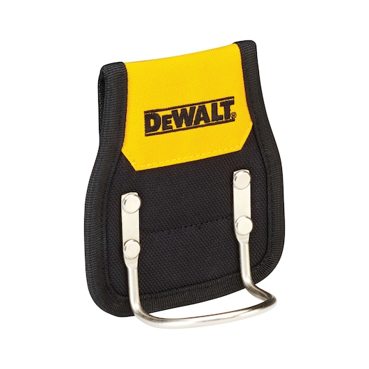 DEWALT branded black and yellow tool holder with a metal hook, designed for carrying tools such as hammers.