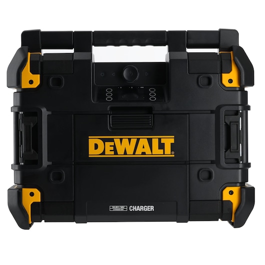 DEWALT portable black toolbox with yellow accents and built-in charger, robust design, top handle visible.