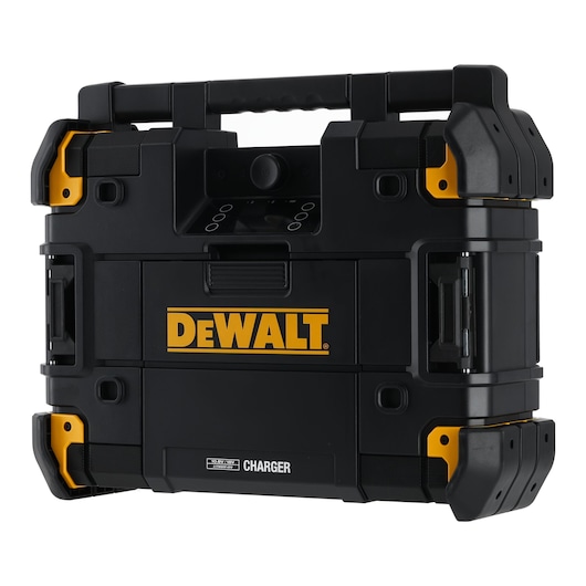 DEWALT black toolbox with yellow accents and handle, labeled charger on the front.