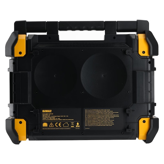 Rear view of a DEWALT black and yellow portable tool case with handle and label, shown standing upright.