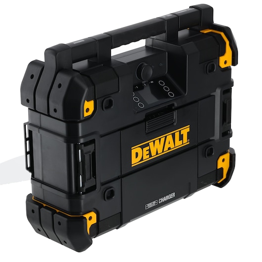 DEWALT portable radio charger in black and yellow with handle, rugged design, and control panel.