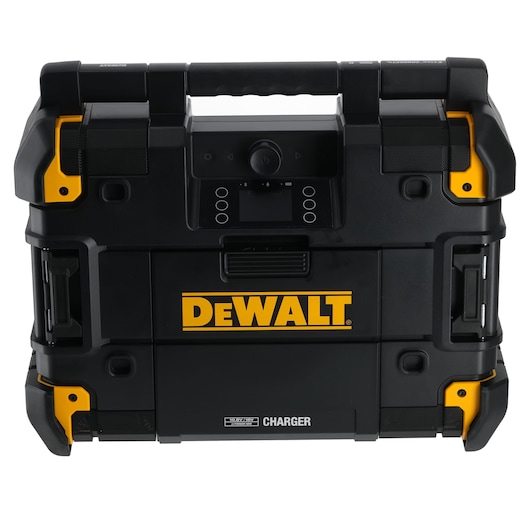DEWALT radio charger in black and yellow, with handle and control panel, used for audio and charging tools.