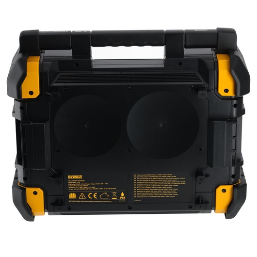 Rear view of a DEWALT DWST1-81078 rugged portable toolbox with handle and yellow corner accents.