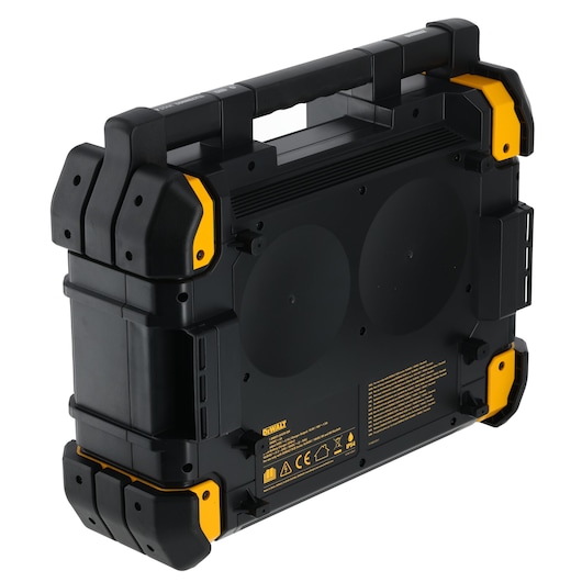 Sturdy black DEWALT portable case with yellow accents, large handle, and reinforced corners for tool storage.