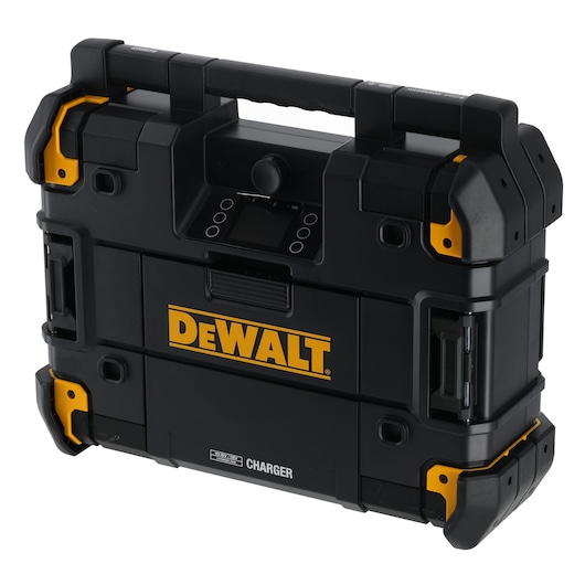 DEWALT portable charger and storage case with handle, black and yellow, sturdy and compact design.