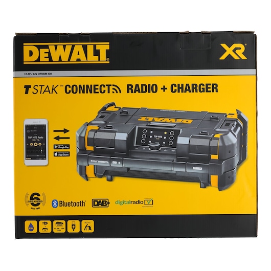 DEWALT TSTAK Connect Radio and Charger box with Bluetooth and DAB+ features, smartphone shown for app support.