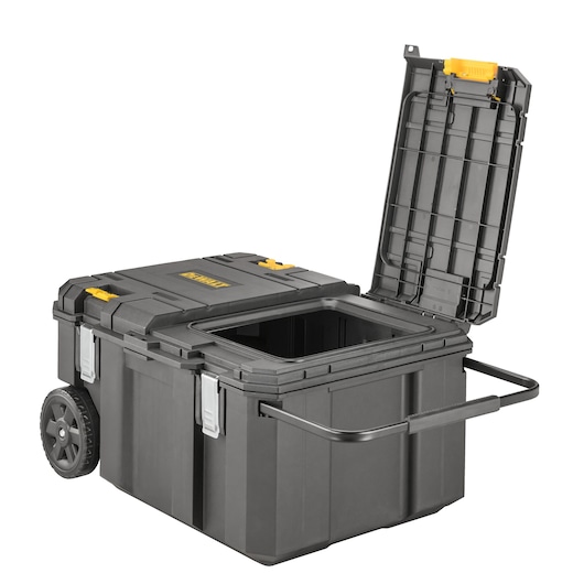 A black DEWALT rolling tool box with yellow accents, large wheels, a metal handle, and an open lid showing an empty interior. The box is designed for heavy-duty storage and easy transport of tools.